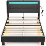 Rolanstar Bed Frame Queen Size with Headboard, Upholstered Platform Bed Frame Queen with LED Lights and USB Ports, Motion Activated Night Light & Solid Wood Slats, No Box Spring Needed, Dark Grey