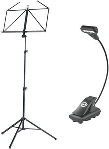K&M Konig & Meyer Heavy Duty Music Stand & 4 LED T-Model FlexLight - Black Piano Light with Adjustable Gooseneck and Height