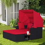 COSTWAY Outdoor Daybed with Retractable Canopy, Wicker Patio Furniture Set with Cushioned Pillows, Patio Rattan Daybed for Deck, Backyard, Poolside