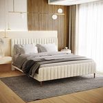 Platform Bed Frame Velvet Fabric Upholstered Bed Base with Headboard & Footboard (White, King)