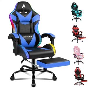 ALFORDSON RGB Gaming Chair with 8 Points Massage and Recline, Ergonomic Executive Office Chair PU Leather with Footrest, Height Adjustable Racing Chair with LED Light, 180kg Capacity (Lyam Blue)