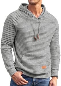 COOFANDY Men's Hoodies Pullover Pleated Long Sleeve Drawstring Knit Hooded Sweatshirt with Kanga Pocket, Grey, Large