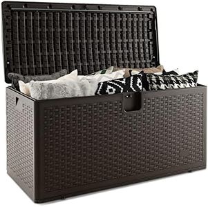 Giantex 378 L Patio Deck Box, All Weather Storage Container w/Lockable Lid, Waterproof Storage Bin for Pillows, Cushions, Tools, Pool Supplies, Indoor Outdoor Deck Storage Box for Yard, Garden, Brown