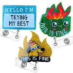 3 PC Funny Badge Reel Retractable with ID Name Tag Card Cute This is Fine Dumpster Fire Hello Badges for Nurse Nurses Nursing RN CNA MA LPN Best Work Office Coworker Alligator Clip Accessories Gift