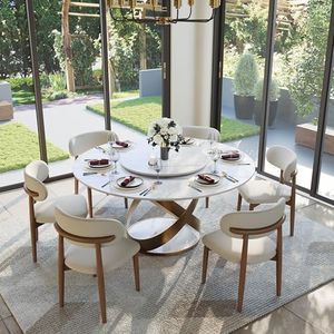 POVISON 59" Modern Round Dining Table with Lazy Susan, White Round Kitchen Table for 6, Sintered Stone Dining Room Table top with Bronze X Carbon Steel Base (Dining Table Only)