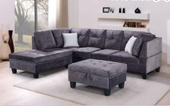 Reversible Sectional Fabric Sofa with Floating Ottoman, Tufted Seating and Nail Studs (Snow Grey) (Left Hand)