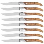 Laguiole Style Steak Knife Set of 8, Non-Serrated Steak Knife Set with Olive Wood Handle, Sharp Stainless Steel Steak Knives with Gift Box, Dinner Cutlery Set for Home Party