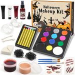 Halloween Face Paint Kit for Children, Halloween Makeup Kit, Non-Toxic Washable Face Paint for Halloween, SFX Makeup Set with Dentures Fake blood Sponges for Halloween Christmas Birthday Party