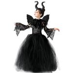 MAXHJX Halloween Maleficent Costume for Girls: Evil Queen Dress Up Costumes Witch Devil Handmade Knitted Tulle Dress Cosplay Black