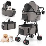COSTWAY Double Pet Stroller, 4 Wheels Foldable Dog Pushchair Cat Buggy with 2 Detachable Carriers, Adjustable Canopy, Mesh Openings & Safety Leash, Lightweight Pet Pram for Small Dog Cat (Grey)