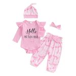 XIXIMAON Newborn Come Home Outfits Baby Girls 4pcs Outfits Set Long Sleeve Romper Top Bow Print Trousers Hat Headband Set Infant Fall Clothes (Pink, 0-3 Months)