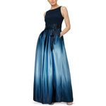 S.L. Fashions Women's Long Satin Mother of The Bride Dress with Pockets, Formal Party Gown (Petite and Regular Sizes), Navy/Wedgewood, 14