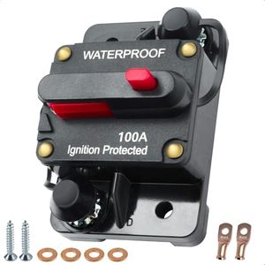 100 amp Circuit Breaker, Manual Reset Inline Fuse Waterproof Circuit Breaker for Car Marine Trolling Motors Solar System, 12V-48VDC with Wire Lugs Copper Washer