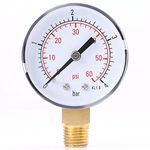 50mm Pressure Gauge, 1/4" NPT Brass Side Mount Dual Scale Mechanical Pressure Gauge 0-4bar / 0-60psi Mini Water Pressure Gauge Manometer for Fuel Air Water Oil