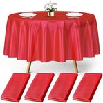 Prestee 4 Red Round Plastic Tablecloth 84" - Disposable Red Tablecloths - Plastic Table Cover - Round Dining Table Tablecloth - Paper Tablecloths for Christmas Party, Fine Dining, Holiday, Birthday