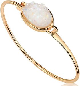 Created White Opal Bracelets for Women - White Bracelet for Women, Created Opal Stackable Bangle, Simple Boho Cuff Bangles with Cream Simulated Druzy Stone, Preppy Stackable Bohemian Sparkly Jewelry