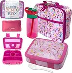 kinsho Bento Lunch Box with Insulated Bag and Water Bottle Set for Kids Toddlers, 4 Portion Sections, Removable Tray, Pre-School Girl Toddler Daycare Lunches, Snack Container, Pink Unicorn