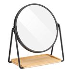 Navaris Vanity Mirror with Tray - Double-Sided Table Top Makeup Mirror with 1x/2x Magnification and Bamboo Base - For Bathroom, Bedroom, Desk - Black