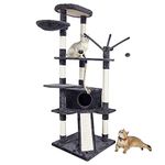 Meerveil Cat Tree, 167 cm Cat Tower for Large Cats, Cat Climbing Tree with Cat Activity Platforms, 3 Pompoms, 1 Condos, Basket and Sisal Scratching Posts, Dark Grey