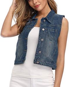 WUDODO Womens Classic Denim Vest Jacket Button Up Sleeveless/Long Sleeves Cropped Distressed Jean Jacket