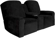 Easy-Going Velvet Reclining Loveseat with Middle Console Slipcover, Stretch 8-Piece Loveseat Reclining Sofa Covers, 2 Seat Loveseat Recliner Slipcover, Thick, Soft, Washable, Black