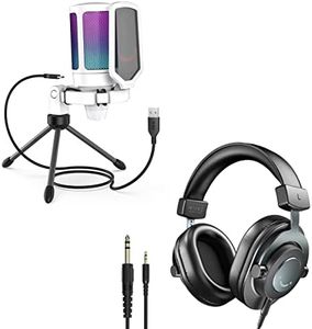 FIFINE PC Gaming Microphone Set, Studio Monitor Headphones, Computer Recording Desktop Mic Over-Ear Headset Bundle for Online Game, Streaming, Podcasting, Vocal (A6W+H8)