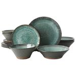 Gibson Elite Green Lantern Service for 4 (16 Piece) Double Bowl Dinnerware Set, Teal, Soft Gray, Dinnerware Set