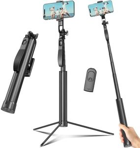 72-inch Metal Tripod and Selfie Stick for Cell Phone and Camera, Portable Travel Tripod Stand, Rechargeable Remote, 360° Rotation, Compatible with iPhone & Android and Camera, Black
