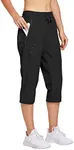 FitsT4 Women's Lightweight Hiking Capri Petite Length Cargo Cropped Pants Quick Dry UPF 50+ Jogger with Zipper Pockets Black Size L