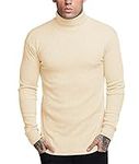 Amussiar Men's Turtleneck Base Layer Shirts Ribbed Casual Slim Fit T-Shirts Lightweight Pullover Tops Beige