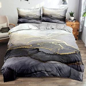 Housse de Couette 220x240 Marbre Motif Gris Doré Adulte 2 Personnes Marbre Parure de lit 3 Pieces Microfibre Ensemble Literie 220 240 Linge de Lit avec Fermeture éclair et 2x 65x65cm Taies d'oreiller