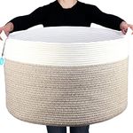 Casaphoria XXXLarge Cotton Rope Basket for Living Room - Woven Storage Basket with Handle for Blankets, Towels and Pillows Laundry Hamper | Cream white and Brown (22" x 22" x 14")