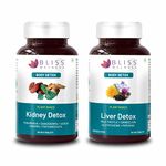 Bliss Welness Kidney Detox Cleanse Purifier, Gokhru Patharchata Ganoderma + Liver Detox Cleanse Purifier Milk Thistle Silymarin Dandelion Glutathione - 60+60 Veg Tablets