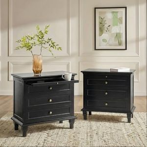 HULALA HOME Farmhouse 3 Drawer End Table with Charging Station, 2PK Black