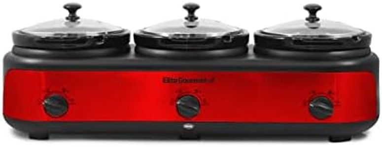 Elite Gourmet EWMST-325R Maxi-Matic Triple Slow Cooker Buffet Server Adjustable Temp Dishwasher-Safe Oval Ceramic Pots, Lid Rests, 3 x 2.5 Qt Capacity, Red