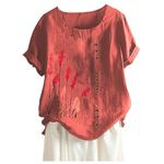 Zeiayuas Summer Linen Tops for Women UK Sale Clearance Short Sleeve Floral Tops Elegant Casual Flower Print Loose T-Shirts Spring Fashion Graphic Tee Ladies Button Blouses Tunics Size 16