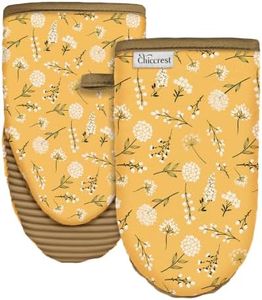 chiccrest Mini Oven Mitts Heat Resistant with Full Ribbed Soft Silicone Grip - Yellow Flower Kitchen Mitts for Oven Washable Non-Slip 100% Cotton Oven Mitts for Women