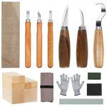 KIKIGOAL Wood Whittling Kit for Beginners, 21PCS Wood Carving Tools Kit with 6PCS Basswood Carving Blocks and 7PCS Whittling Knife, Gloves,Tape, Roll Bag, Sharpener for Widdling Kit