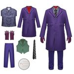 Joker Costume Clown Cosplay Knight Outfit Purple Coat Shirt Vest Full Suits Halloween Deluxe Set Accessories (Joker Costume, Small)