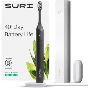 SURI Sustainable Sonic Toothbrush - Slim and Powerful Electric Toothbrush, Recyclable Plant-Based Head, 2 Modes, Including UV LED Cleaning Case, Mirror-Mount, and Charging Stand - Midnight Black