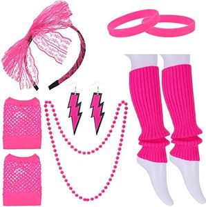 Fuguan 10pcs 80s Costume Women Accessories Set 1980s Fancy Style Dresses Party Set with Neon Leg Warmers for 80s Party