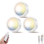 Helcona Wireless Under Cabinet Lighting,LED Puck Lights with Remote Control,3 Color Dimmable Timing Function Push Lights Ideal for Kitchen Cabinets, Bedrooms, Closets, Garage and More 3 Pack