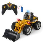 deAO 6 Channel Remote Control Tractor Digger Toy Front Loader with LED Light & Sound, 1:18 Die Cast RC Bulldozer, Construction Toy Car for 3 4 5 6 Ages Boys Kids