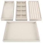 BELLE VOUS 4 Pack of Cream Velvet Stackable Jewellery Organiser Storage Trays - 35.3 x 24.2cm/13.89 x 9.5 Inches - Drawer Display Boxes - Removable Sections for Necklaces, Rings, Bracelets & Earrings