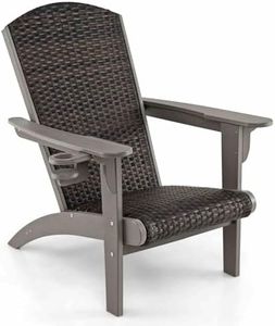 Costway Patio Adirondack Chair, HDPE Lounge Chair w/Rattan Padded Seat & Back, Wide Armrests & Hidden Cup Holder, Outdoor Adirondack Lounge Seat for Backyard, Lawn (Mix Brown + Gray)