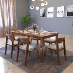 DRIFTINGWOOD Liana Solid Sheesham Wood Dining Table 6 Seater | Wooden Six Seater Dinning Table with Beige Cushion Chairs | Dinner Table 6 Seater | Dining Room Sets | Self Assembly, Honey Finish