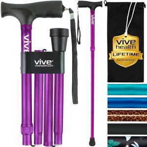 Vive Folding Cane - Foldable Walking Cane for Men, Women - Fold-up, Collapsible, Lightweight, Adjustable, Portable Hand Walking Stick - Balancing Mobility Aid - Sleek, Comfortable T Handles (Purple)