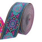 PH PandaHall 7 Yard 1.2inch Vintage Jacquard Ribbon for Sewing Emobridered Woven Ribbon for Clothes Making Funiture Decoration Green and Pink Fabric Ribbon for Bag Hat Embellishment