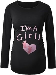 DEBELLY Maternity Shirts Long Sleeve Crew Neck Pregnancy Tops Women's Novelty Gender Reveal T-Shirts Side Ruch Footprints Tee, I'm a Girl, Medium