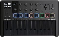 Arturia MiniLab 3, 25 Slim-Key USB-C Midi Controller with 5-Year Warranty, 8 Backlit LED Pads, 8 Knobs, 4 Faders, Midi Out, Built-in Arpeggiator, Chord mode and Software Bundle - Deep Black